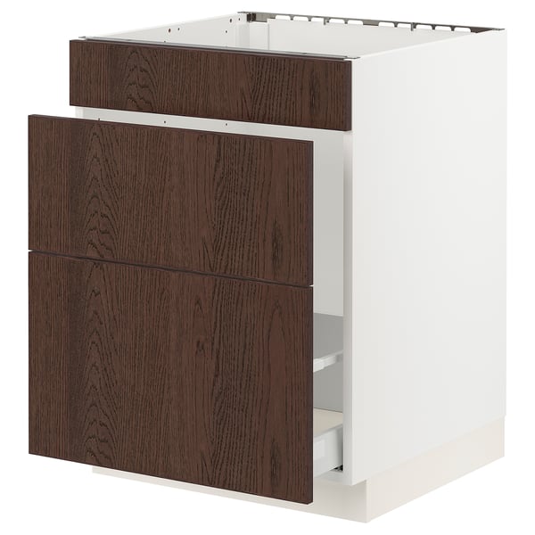 Dark wood fronted white kitchen cabinet with drawers. Modern design, part of ikea SEKTION system.