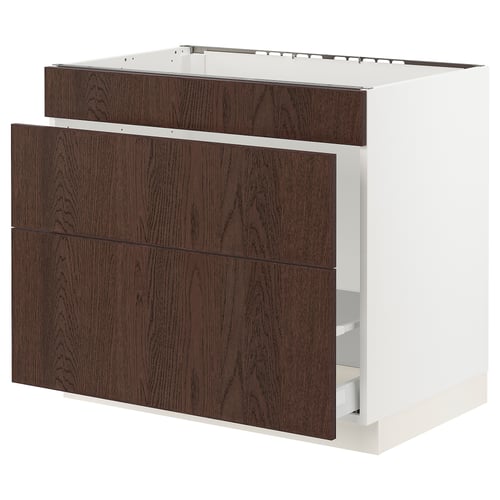 SEKTION kitchen cabinet in dark brown sinarp oak with white frame, rectangular.