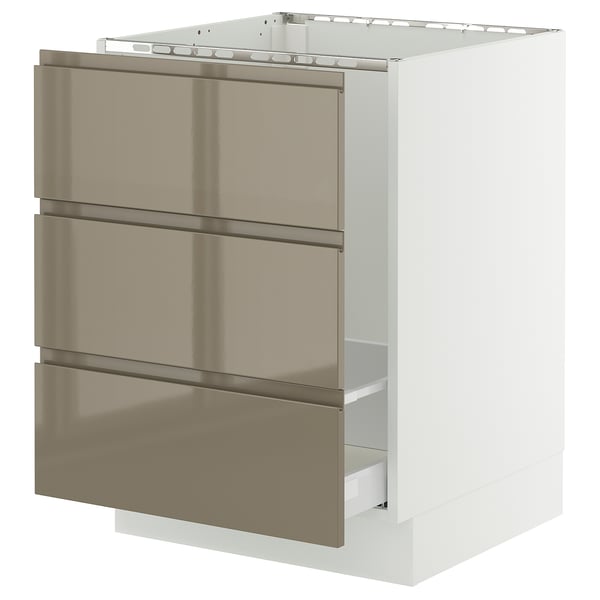 Modern kitchen cabinet, white with 3 sleek dark brown drawers, stainless steel handles, rectangular, minimalist design.