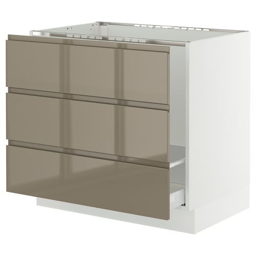 SEKTION kitchen unit: dark grey-brown, glossy finish, three wide drawers, sleek metal handles, rectangular shape.