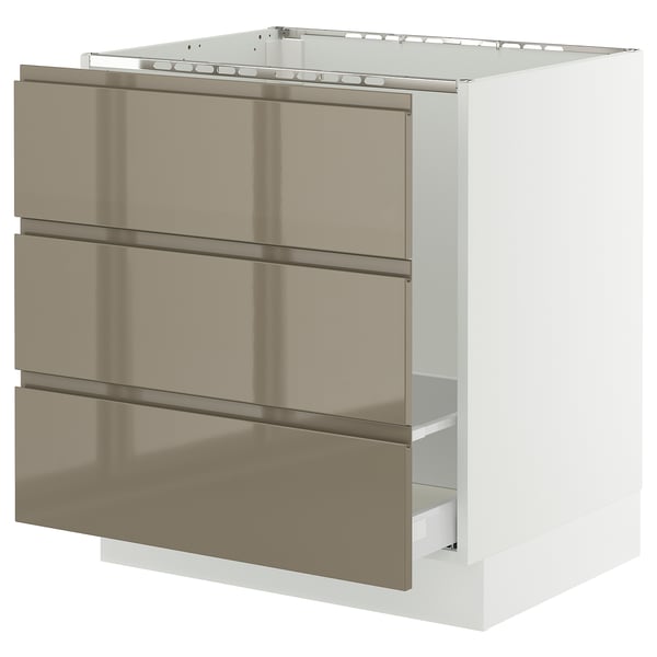 Modern kitchen cabinet, SEKTION line, high gloss dark grey-brown, stainless handles, sleek, three drawers.