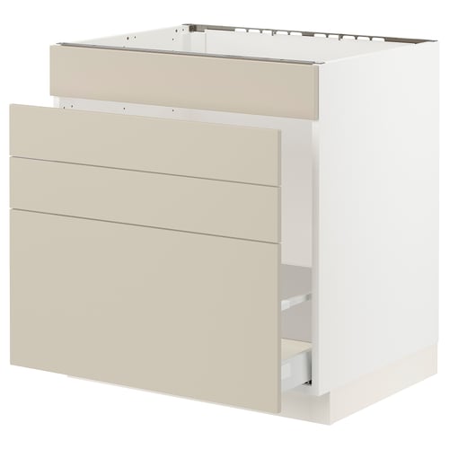 Beige SEKTION kitchen cabinet with 3 drawers and recessed handles.