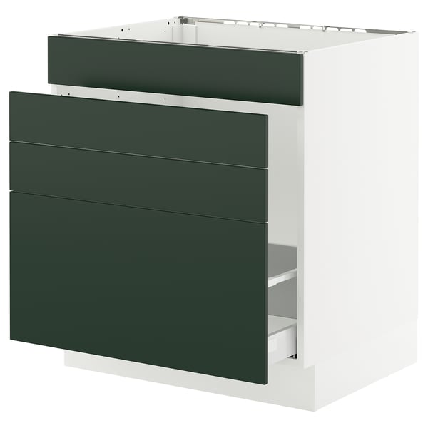 A white kitchen base cabinet with dark green drawers. It has a rectangular shape and smooth, flat surfaces for a modern look.