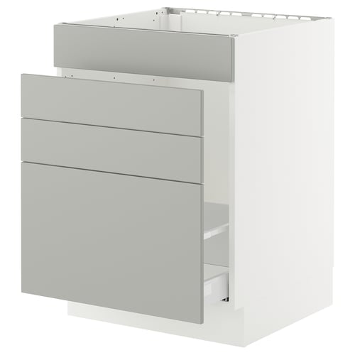 Modern light grey kitchen cabinet with three drawers and handle-less design.