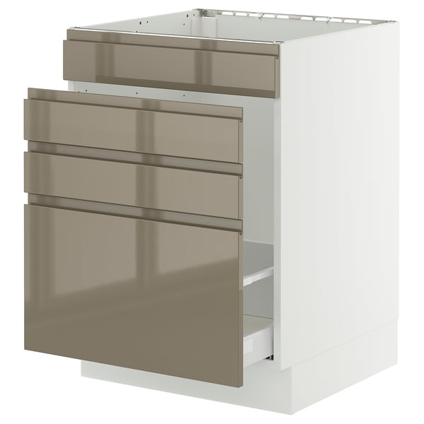 A modern white kitchen cabinet with dark gray-brown high-gloss drawers, featuring integrated handles for a sleek look.