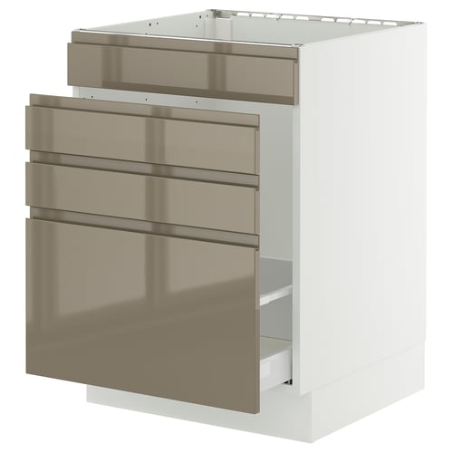 A modern white kitchen cabinet with dark gray-brown high-gloss drawers, featuring integrated handles for a sleek look.