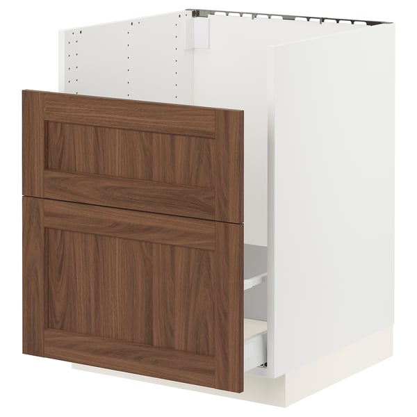 SEKTION kitchen cabinet, walnut finish, white frame, wooden doors, rectangular shape.