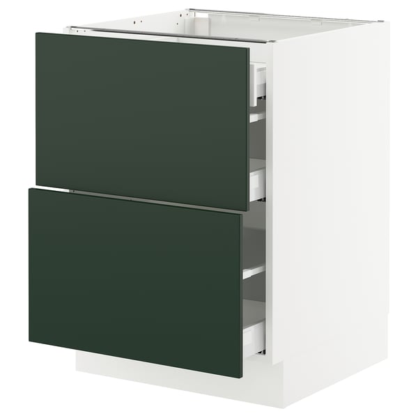 An ikea SEKTION kitchen cabinet in white with dark green drawers, featuring a sleek modern design with smooth-running drawers.