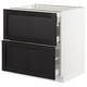 Modern kitchen cabinet, white, dark wood drawers, rectangular, with full-extension drawers.