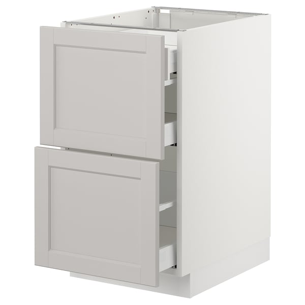 Ikea SEKTION light gray kitchen cabinet with two drawers and wooden design.