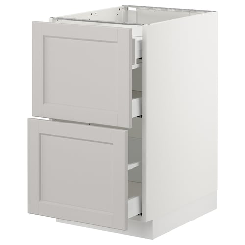 Ikea SEKTION light gray kitchen cabinet with two drawers and wooden design.