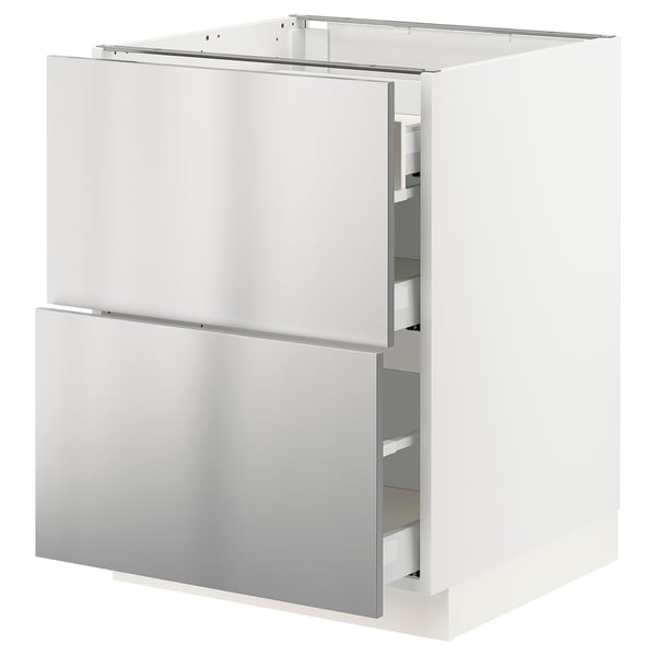 A white SEKTION kitchen cabinet with stainless-steel drawers, featuring a sleek, modern design.