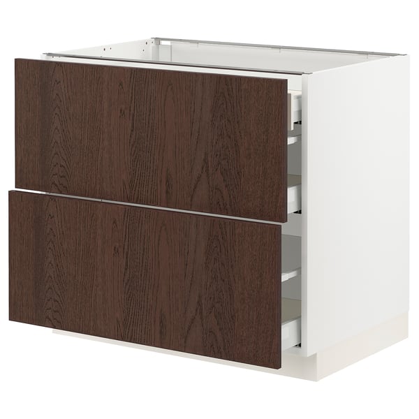 SEKTION kitchen unit: dark brown wood, white base, two drawers.