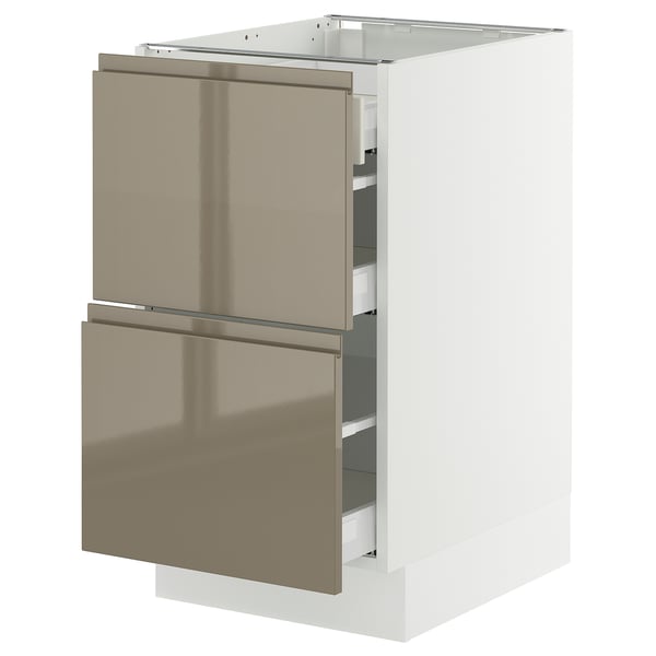 An ikea SEKTION kitchen cabinet with shiny dark gray-brown drawers and a white base. It has a modern, sleek design.