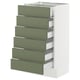 A white SEKTION kitchen cabinet with six green-gray axstad drawers. The modern design smooth, full-extension drawers with a sleek, minimalist look.
