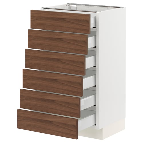 SEKTION kitchen unit in white with 6 walnut drawers, sleek and modern design.