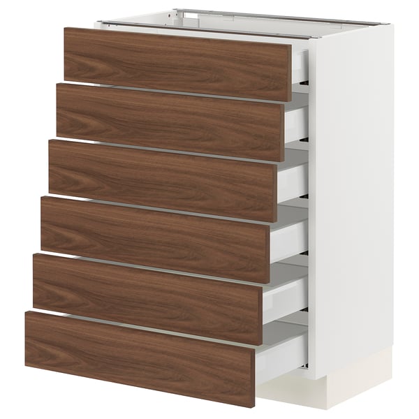 SEKTION kitchen unit, white, 6 walnut drawers, wood grain, full-extension.