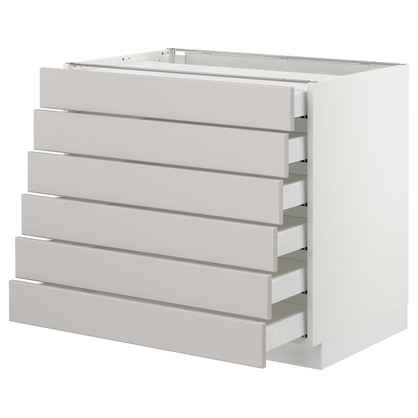 Ikea SEKTION light grey kitchen drawer unit, rectangular with six pull-out drawers, minimalist modern design.