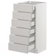 A white SEKTION kitchen cabinet with six grey lerhyttan drawers, featuring a classic design with bevelled edges.