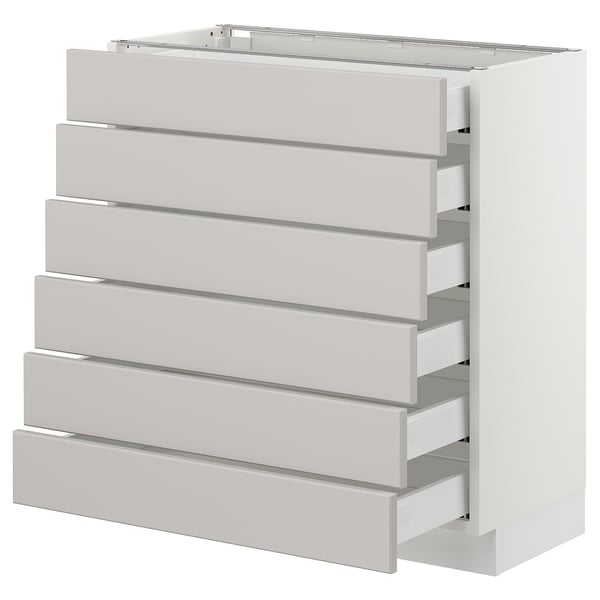 A white SEKTION kitchen storage unit with six drawers in a modern, sleek design. It a sturdy frame and smooth-running drawers.