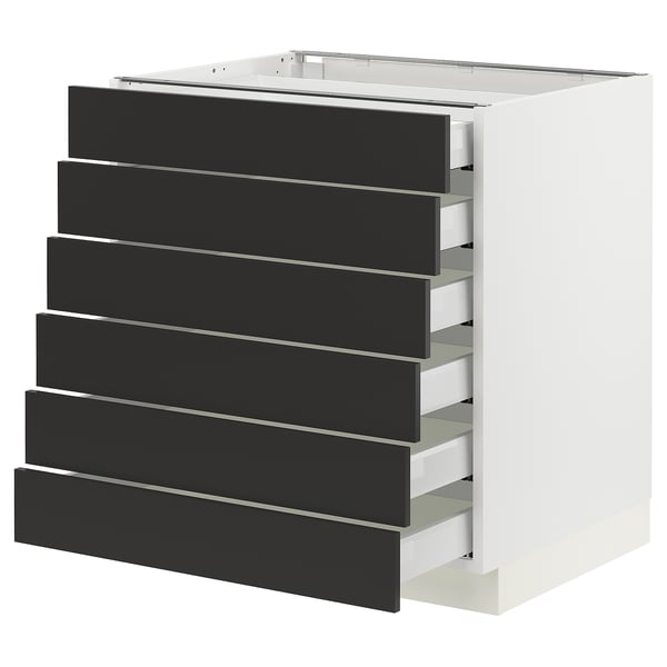 SEKTION kitchen cabinet with 8 black full-extension drawers, modern white frame.