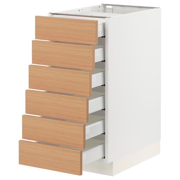 SEKTION modern white kitchen cabinet, six light oak drawers, slim design.