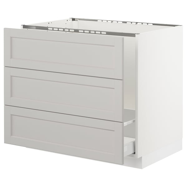 SEKTION kitchen cabinet in light grey with three drawers and bevelled edges.