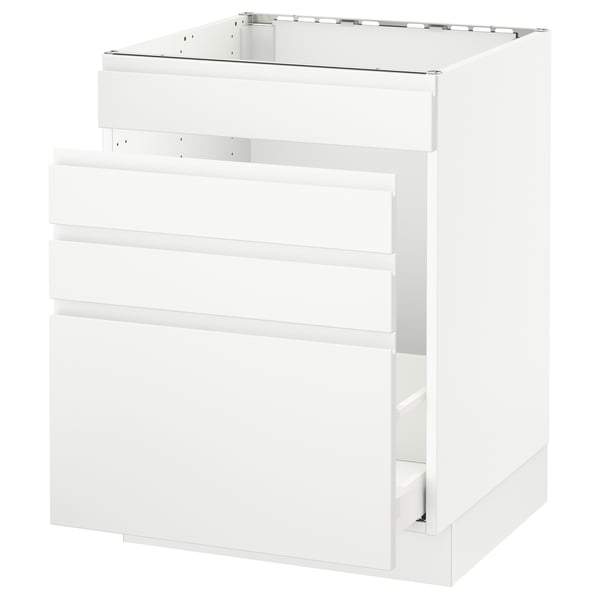 White SEKTION kitchen cabinet, modern and minimalist. Smooth surfaces, made from fibreboard and particleboard with melamine foil.