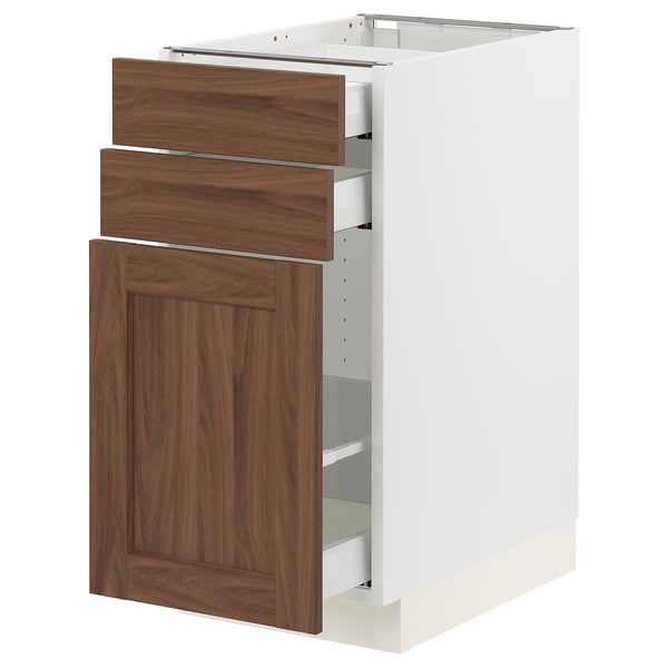 SEKTION kitchen cabinet, white & walnut, wood finish, 3 drawers, sleek design.