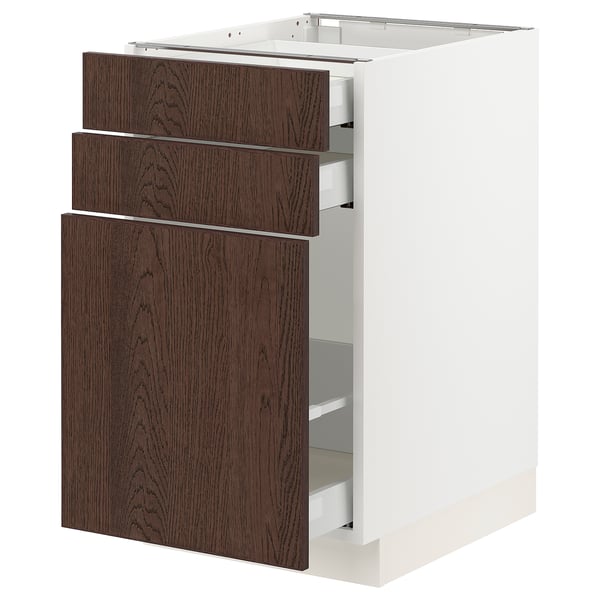 Modern kitchen unit, white and dark brown. Three drawers with oak veneer and solid wood edges.