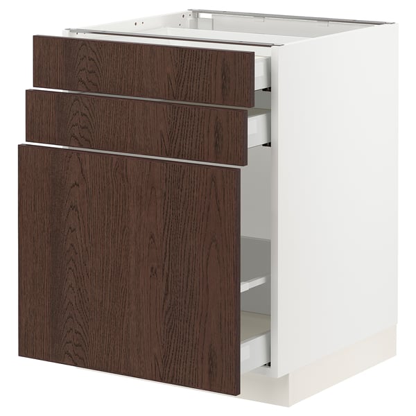 Modern white & brown kitchen cabinet, 3 drawers.