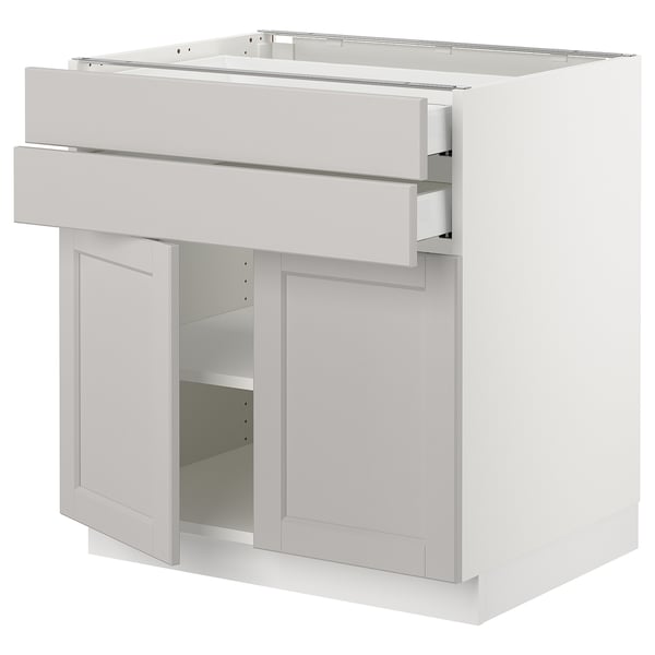 Ikea SEKTION kitchen cabinet, light grey, traditional design, white shelves.