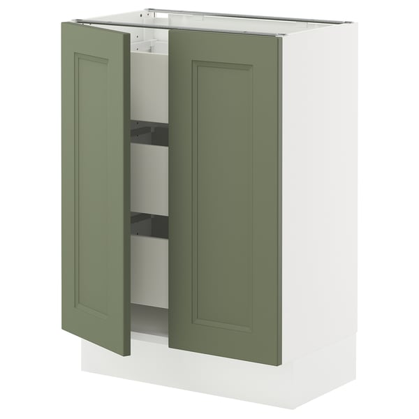 A green and white cabinet with two open doors, part of the SEKTION kitchen system featuring gray-green axstad fronts.