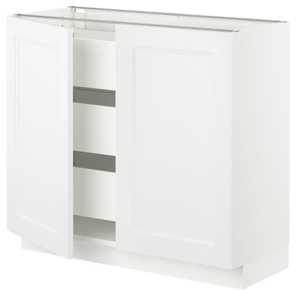 White SEKTION kitchen cabinet with three shelves and two closed doors.