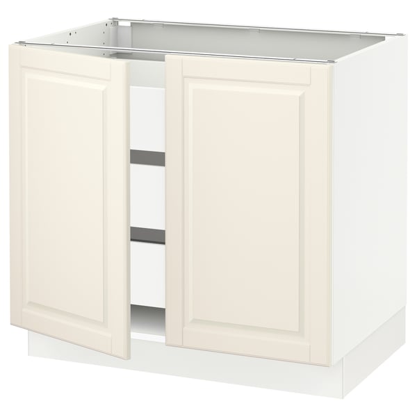 White kitchen cabinet, SEKTION series, off-white colour, rectangular shape, featuring two doors with bevelled edges and one open shelf.
