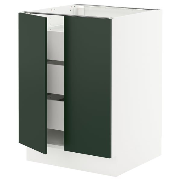 Modern kitchen cabinet in green with white frame and shelves.