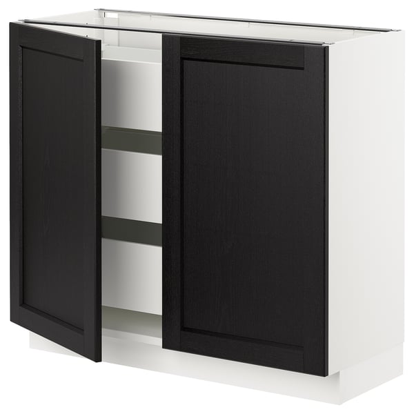 A dark grey SEKTION kitchen cabinet with one door open, revealing shelves inside.