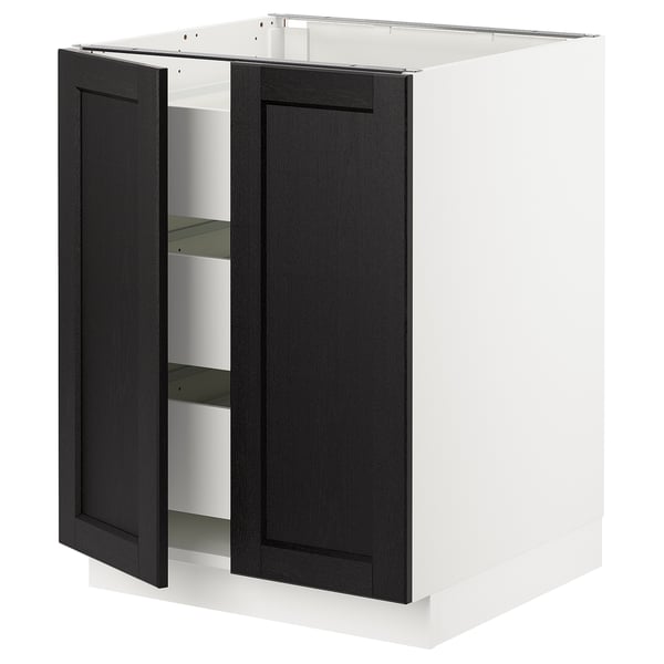 SEKTION kitchen cabinet with black stained wood doors and white frame.