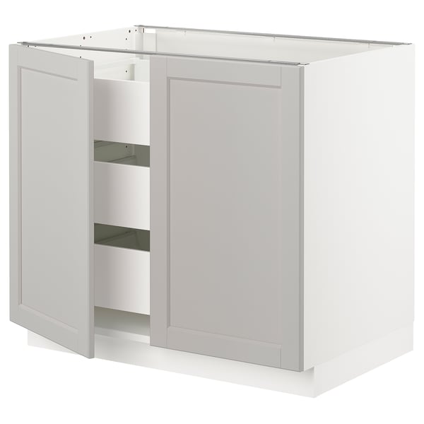Ikea SEKTION white kitchen cabinet with grey lerhyttan doors, traditional design.