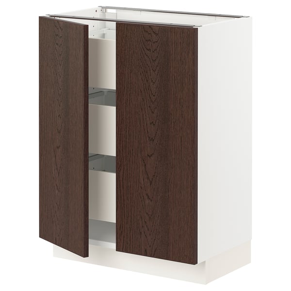 Ikea SEKTION white kitchen cabinet with dark brown wooden doors, featuring solid wood edging and durable hinges.