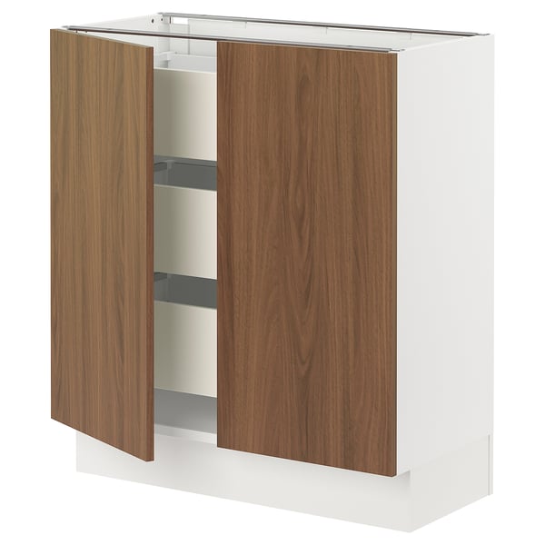 SEKTION kitchen cabinet in white and walnut finish with two open doors, featuring modern design and smooth surfaces.