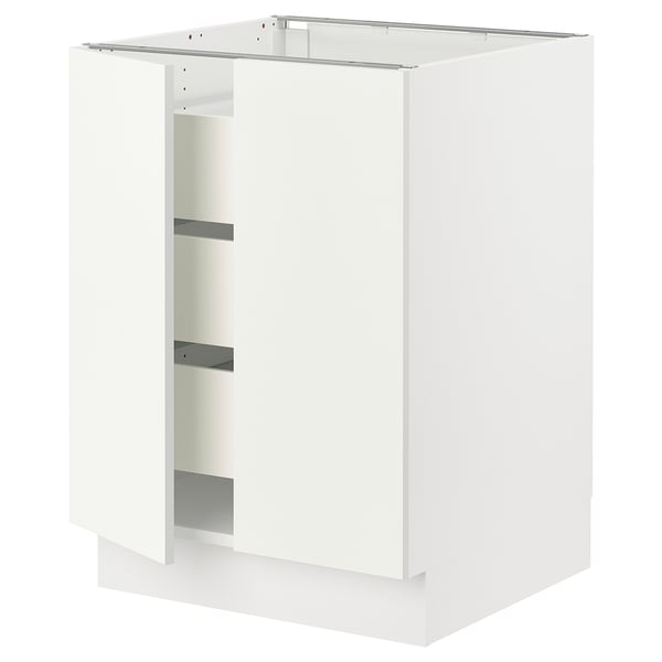 White SEKTION kitchen cabinet, modern design, three shelves, metal rail hinges.