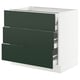 A SEKTION kitchen cabinet with three dark green drawers and a white base.