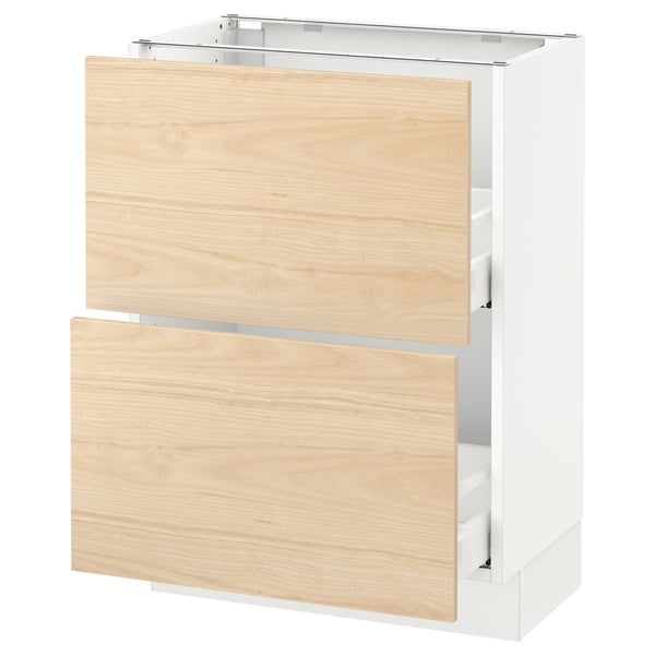 An ikea SEKTION kitchen cabinet with light ash wood askersund fronts and a white frame. It has two drawers with a smooth, modern design.