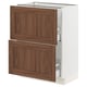 An ikea SEKTION kitchen cabinet with wooden finish and white frame. It has a square shape with two drawers on the bottom and shelves on top.