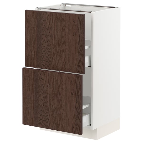 SEKTION kitchen cabinet, dark brown wood trim, white base, two drawers.