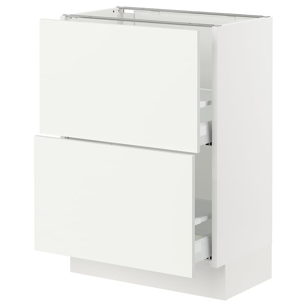 SEKTION white kitchen cabinet, sleek modern design, slim vertical drawers, metallic hardware.