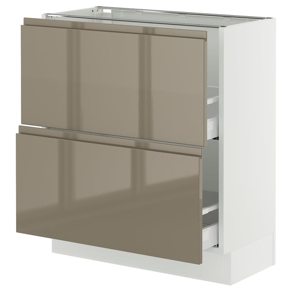 SEKTION kitchen unit, dark gray-brown glossy fronts, metal handles, square shape, sleek design.