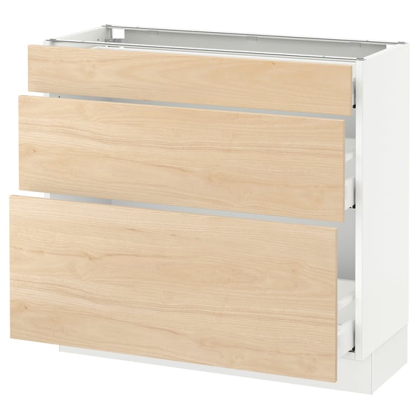 SEKTION light ash wood cabinet with three drawers, rectangular shape.