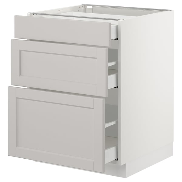 A white ikea SEKTION kitchen unit with three open grey drawers, featuring a sleek modern design.